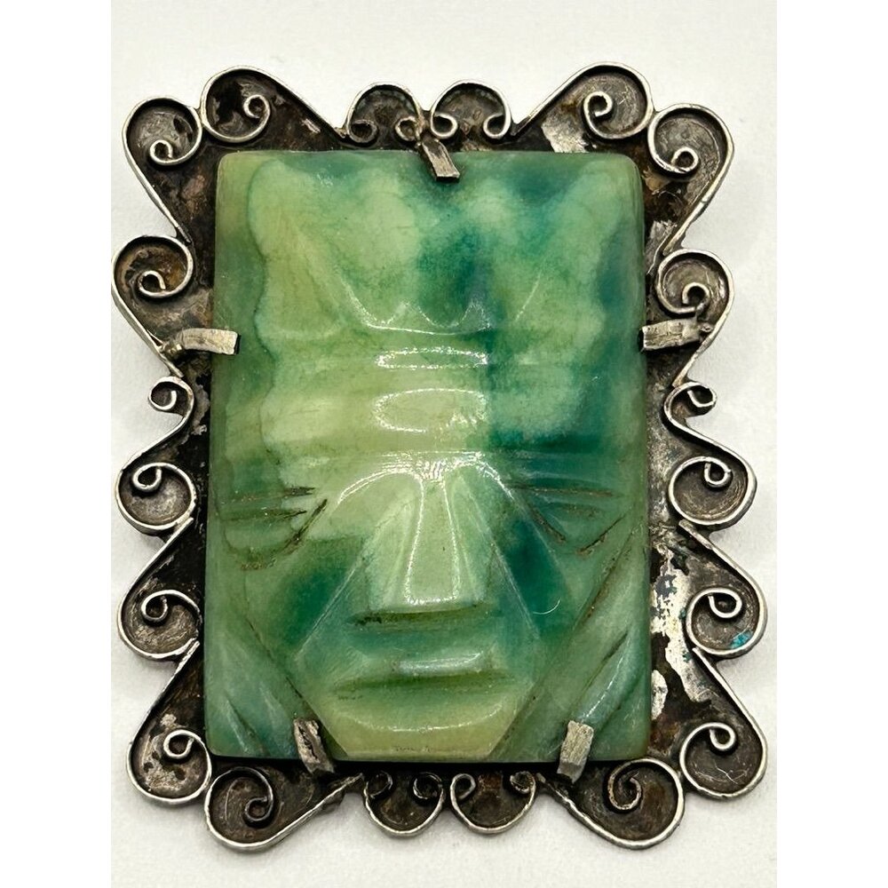 Vintage Mexico Warrior Face Greenstone Silver Brooch Pin